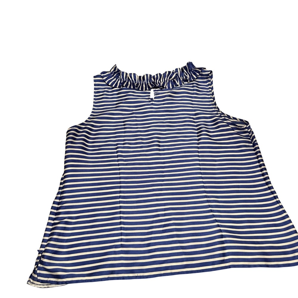 Talbots RSVP Womens XL Blue White Striped Ruffle Neck Sleeveless Shell Blouse - Picture 7 of 9
